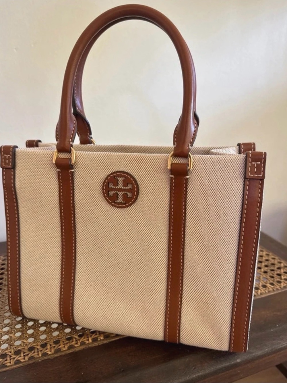 Tory Burch Cream Canvas Blake Tote with Brown Leather Trim